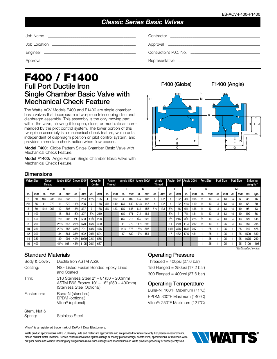 Watts F400 / F1400 User Manual | 2 pages