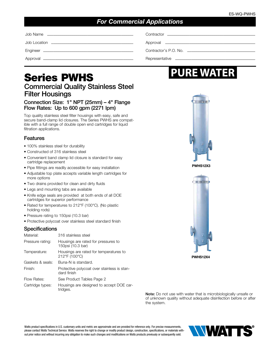 Watts PWHSPS User Manual | 2 pages