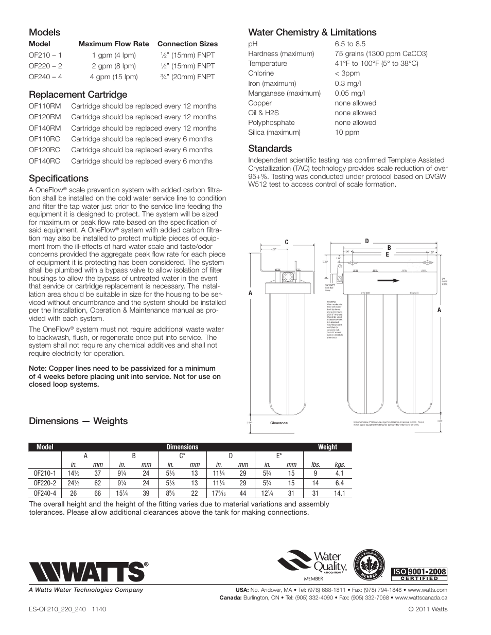 Models, Replacement cartridge, Specifications | Dimensions — weights water chemistry & limitations, Standards | Watts OF240-4 User Manual | Page 2 / 2