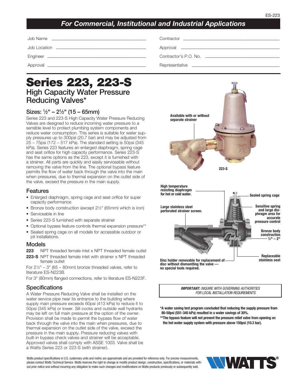 Watts 223S User Manual | 2 pages