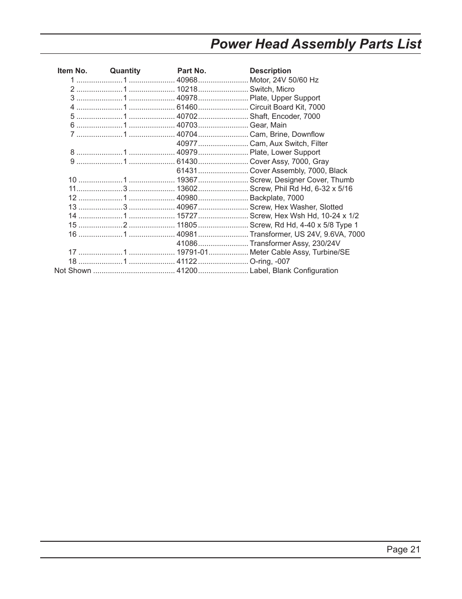 Power head assembly parts list | Watts Fleck 7000 Plastic Valve User Manual | Page 21 / 36