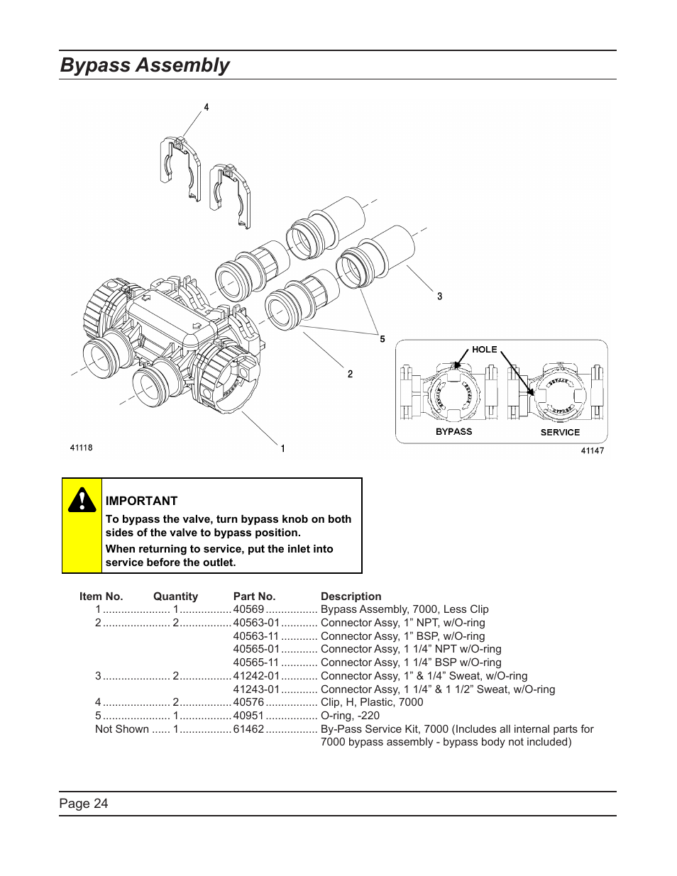 Bypass assembly | Watts Fleck 7000 Plastic Valve User Manual | Page 24 / 36