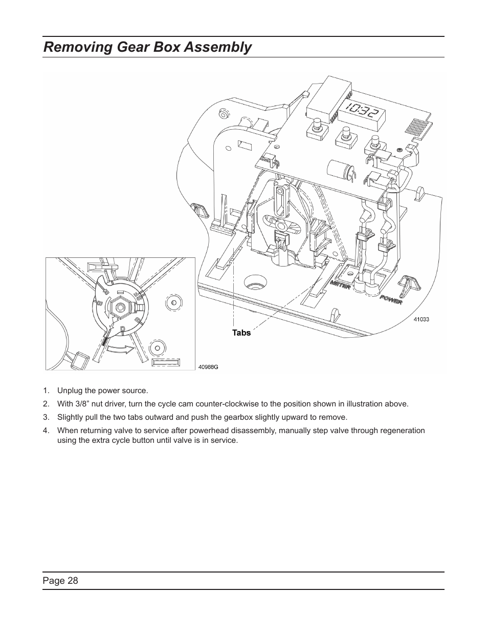 Removing gear box assembly | Watts Fleck 7000 Plastic Valve User Manual | Page 28 / 36