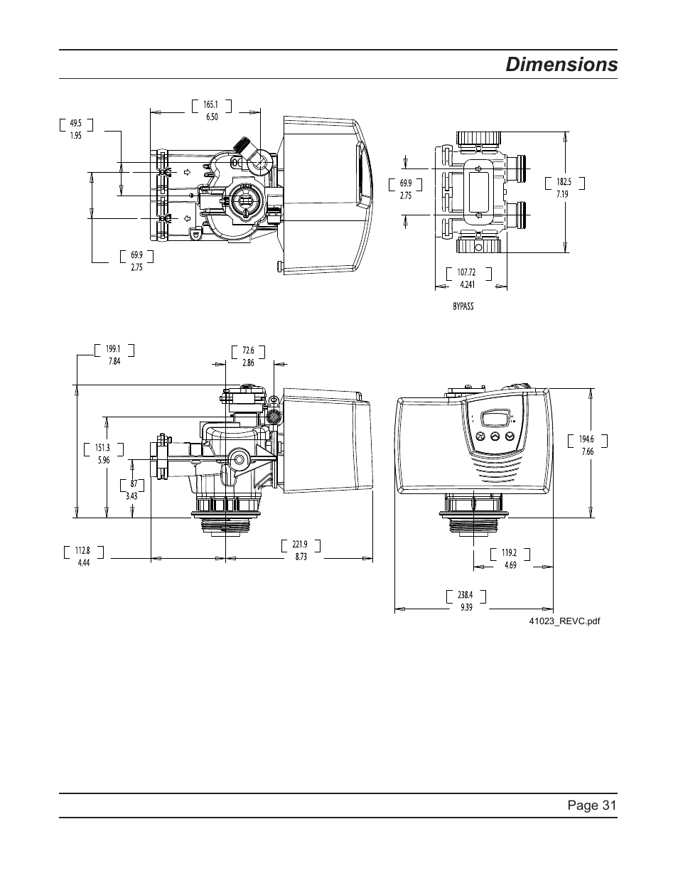 Dimensions | Watts Fleck 7000 Plastic Valve User Manual | Page 31 / 36