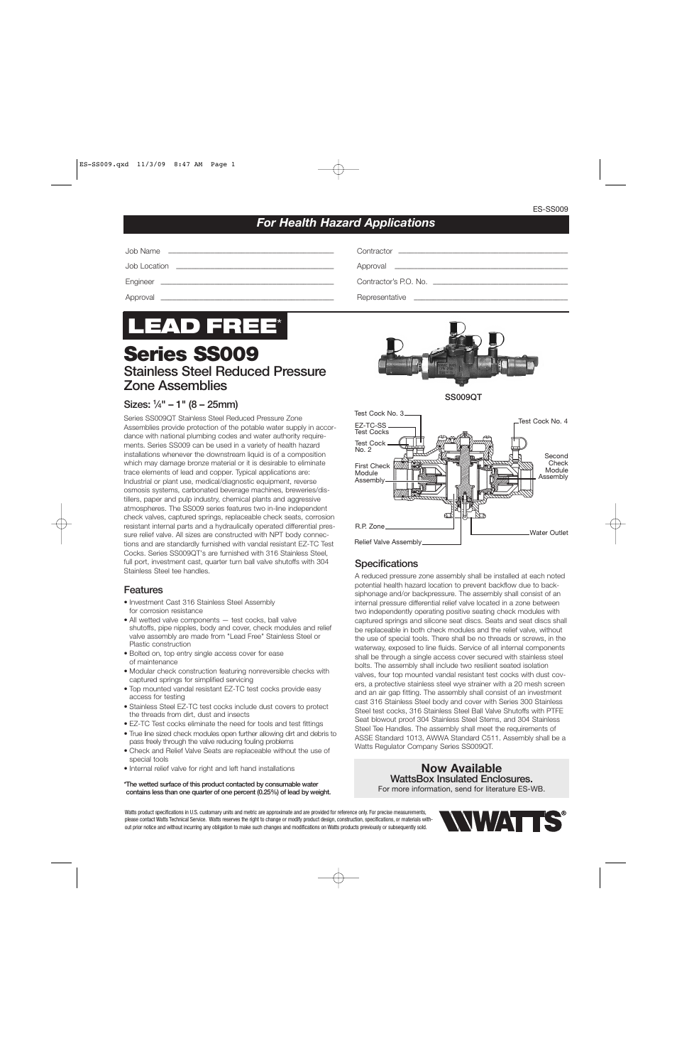 Watts SS009 User Manual | 2 pages