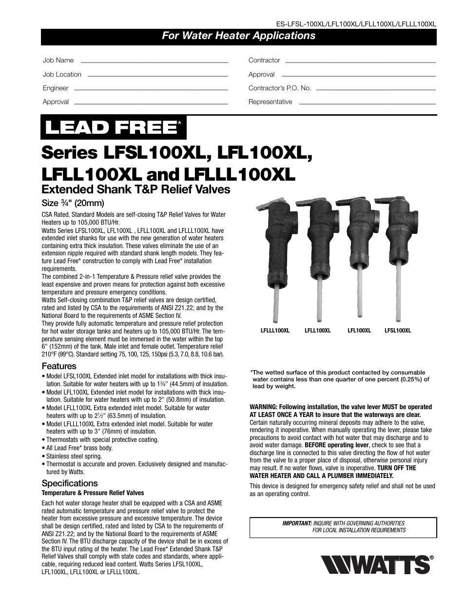 Watts LFLLL100XL User Manual | 2 pages