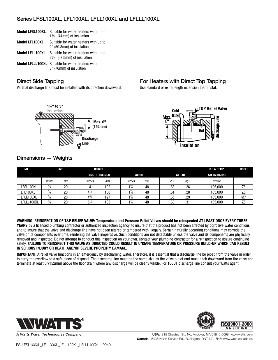 Direct side tapping, For heaters with direct top tapping, Dimensions — weights | Watts LFLLL100XL User Manual | Page 2 / 2