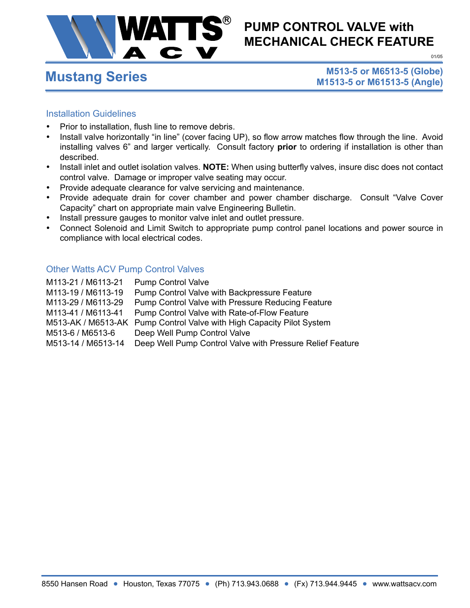 Mustang series, Pump control valve with mechanical check feature | Watts M1513-5 User Manual | Page 2 / 2