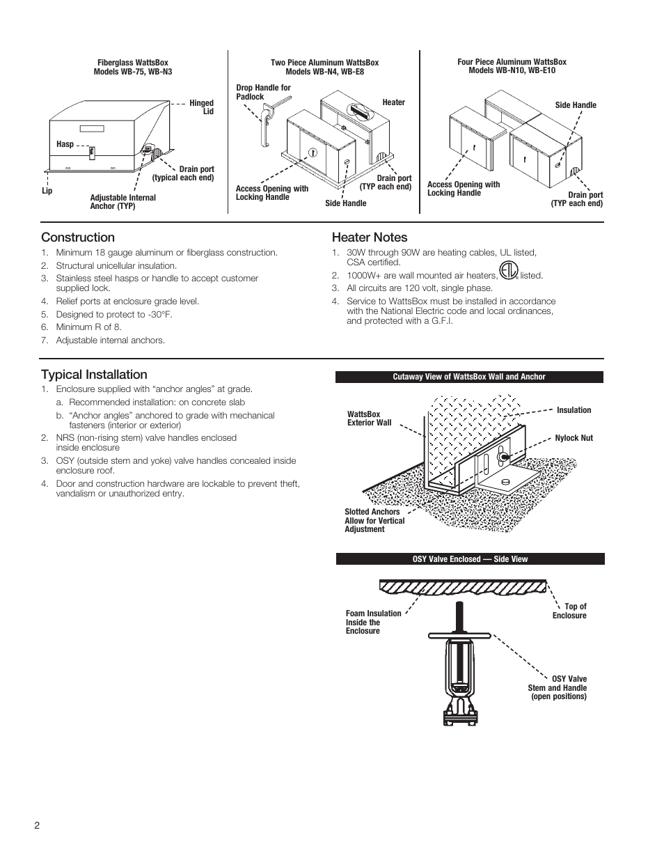 Construction, Typical installation | Watts WattsBox User Manual | Page 2 / 4