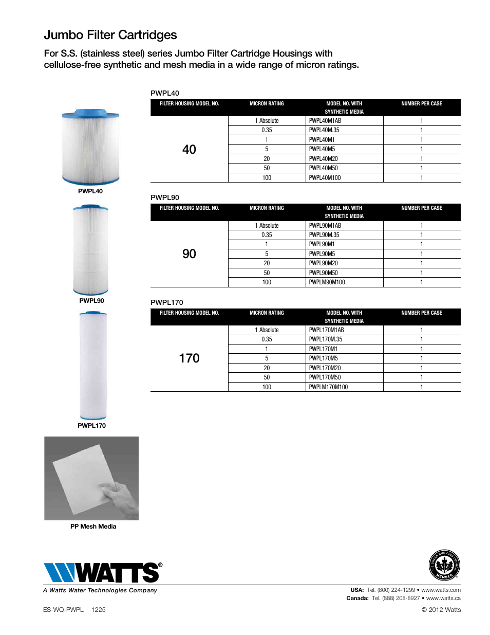 Jumbo filter cartridges | Watts PWPL90 User Manual | Page 5 / 5