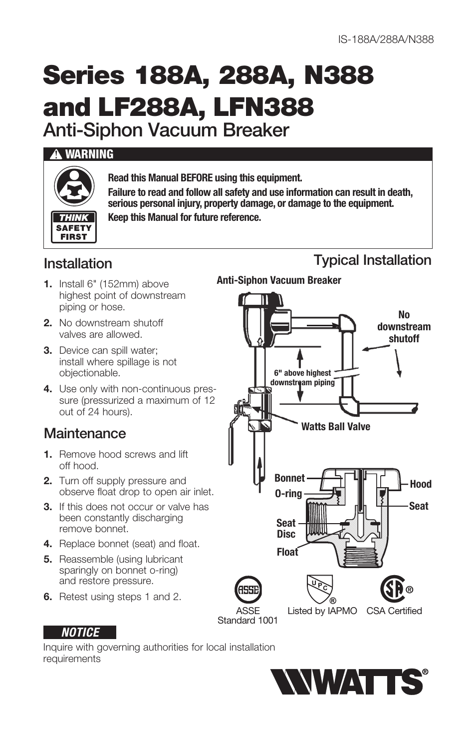 Watts LFN388 User Manual | 2 pages