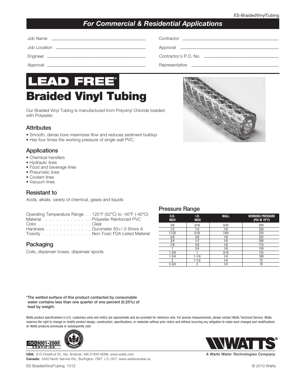 Watts Braided Vinyl Tubing - Reels User Manual | 1 page