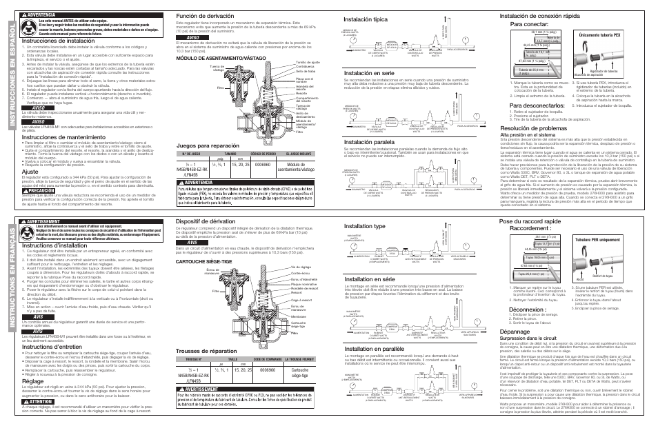 Instrucciones de instalación, Instrucciones de mantenimiento, Ajuste | Función de derivación, Instructions d’installation, Instructions d’entretien, Réglage, Dispositif de dérivation, Installation en série, Installation en parallèle | Watts LFN45B User Manual | Page 2 / 2