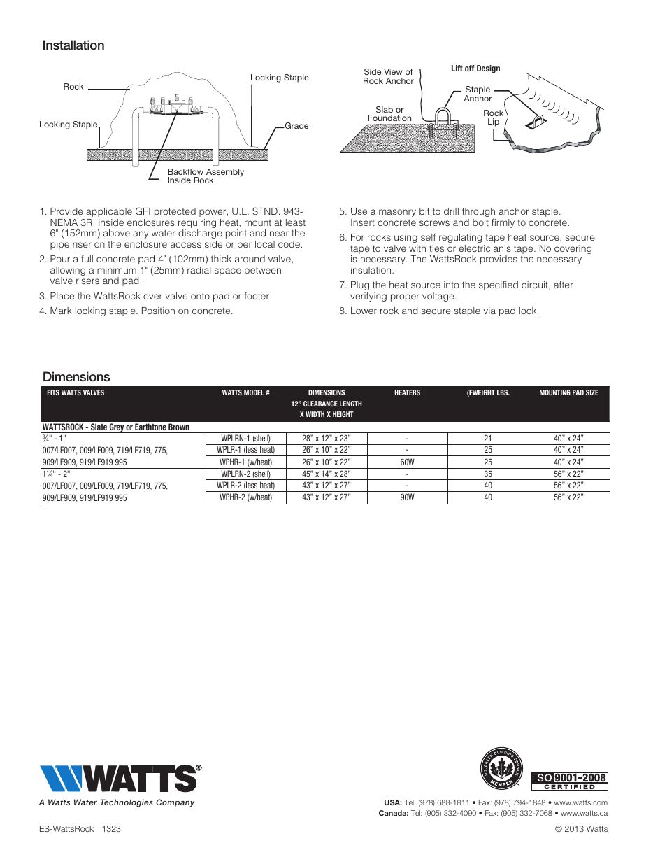 Dimensions, Installation | Watts WattsRock User Manual | Page 2 / 2