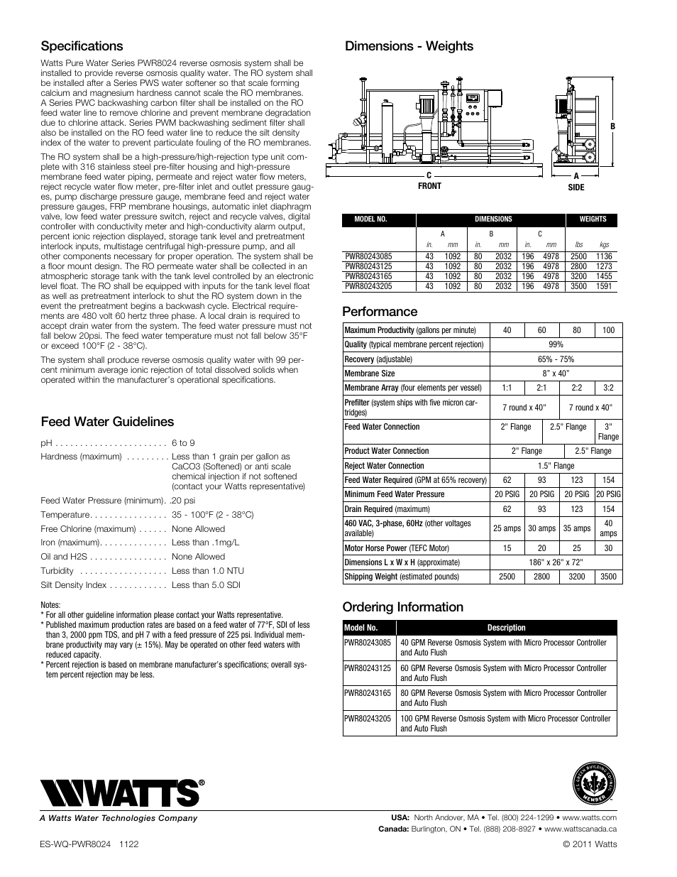 Dimensions - weights feed water guidelines, Specifications, Performance | Ordering information | Watts PWR8024 User Manual | Page 2 / 2