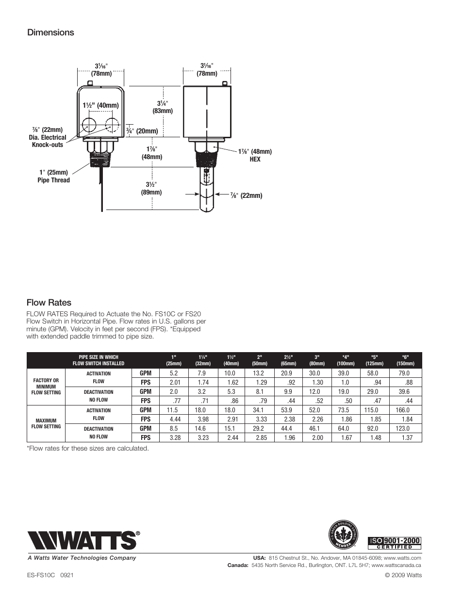 Flow rates, Dimensions | Watts FS10-C User Manual | Page 2 / 2