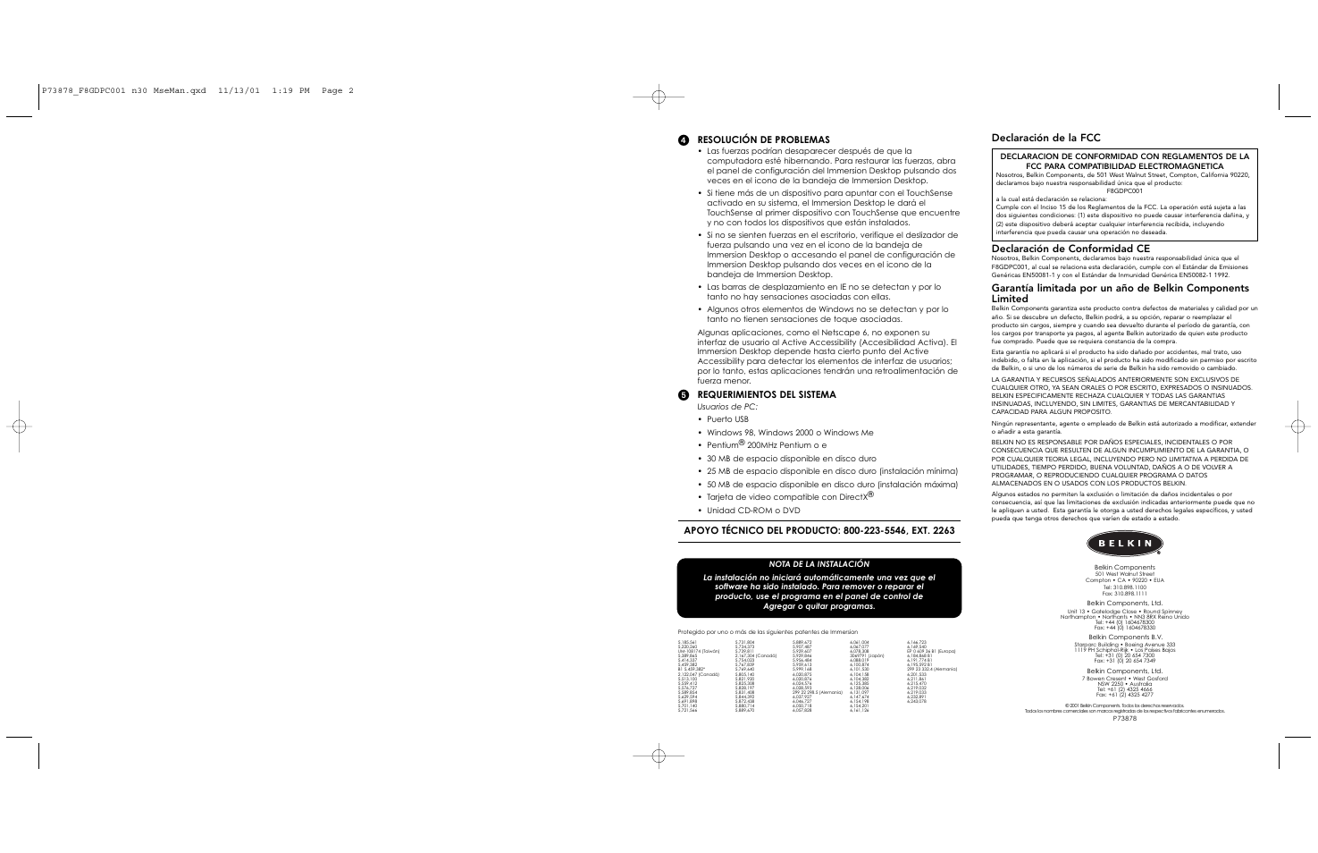 Resolución de problemas, Requerimientos del sistema | Belkin NOSTROMO N30 User Manual | Page 2 / 6