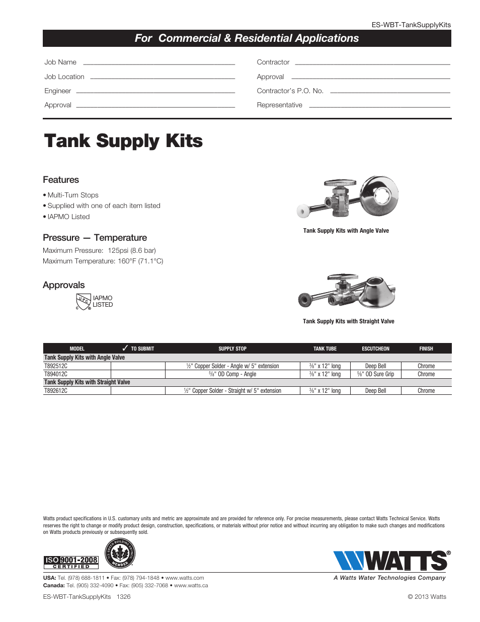 Watts T894 20PB User Manual | 1 page