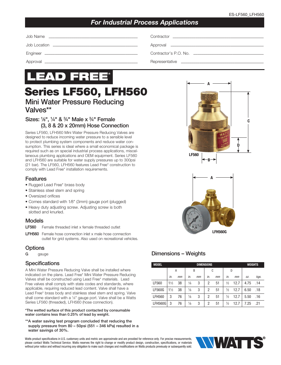 Watts LFH560 User Manual | 2 pages