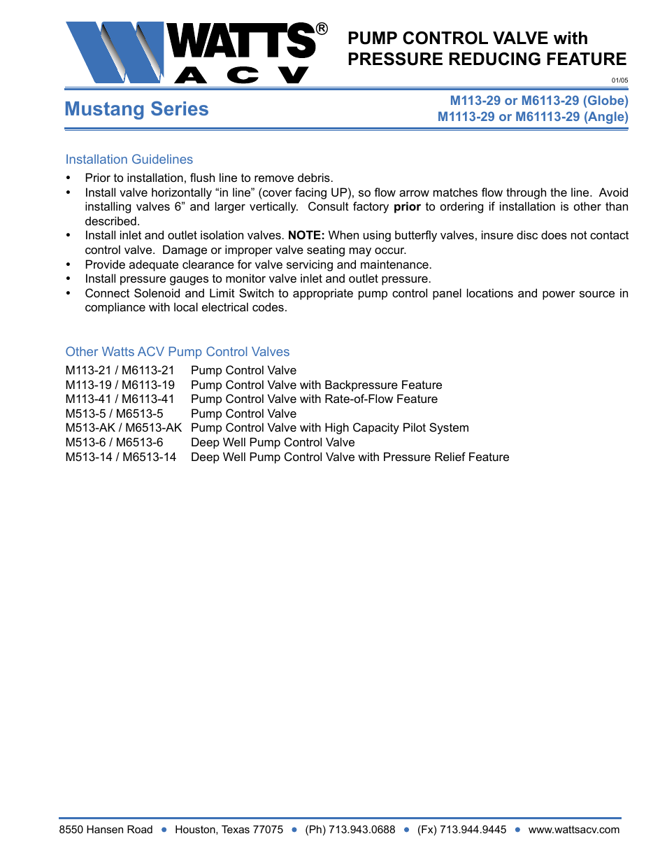 Mustang series, Pump control valve with pressure reducing feature | Watts M1113-29 User Manual | Page 2 / 2
