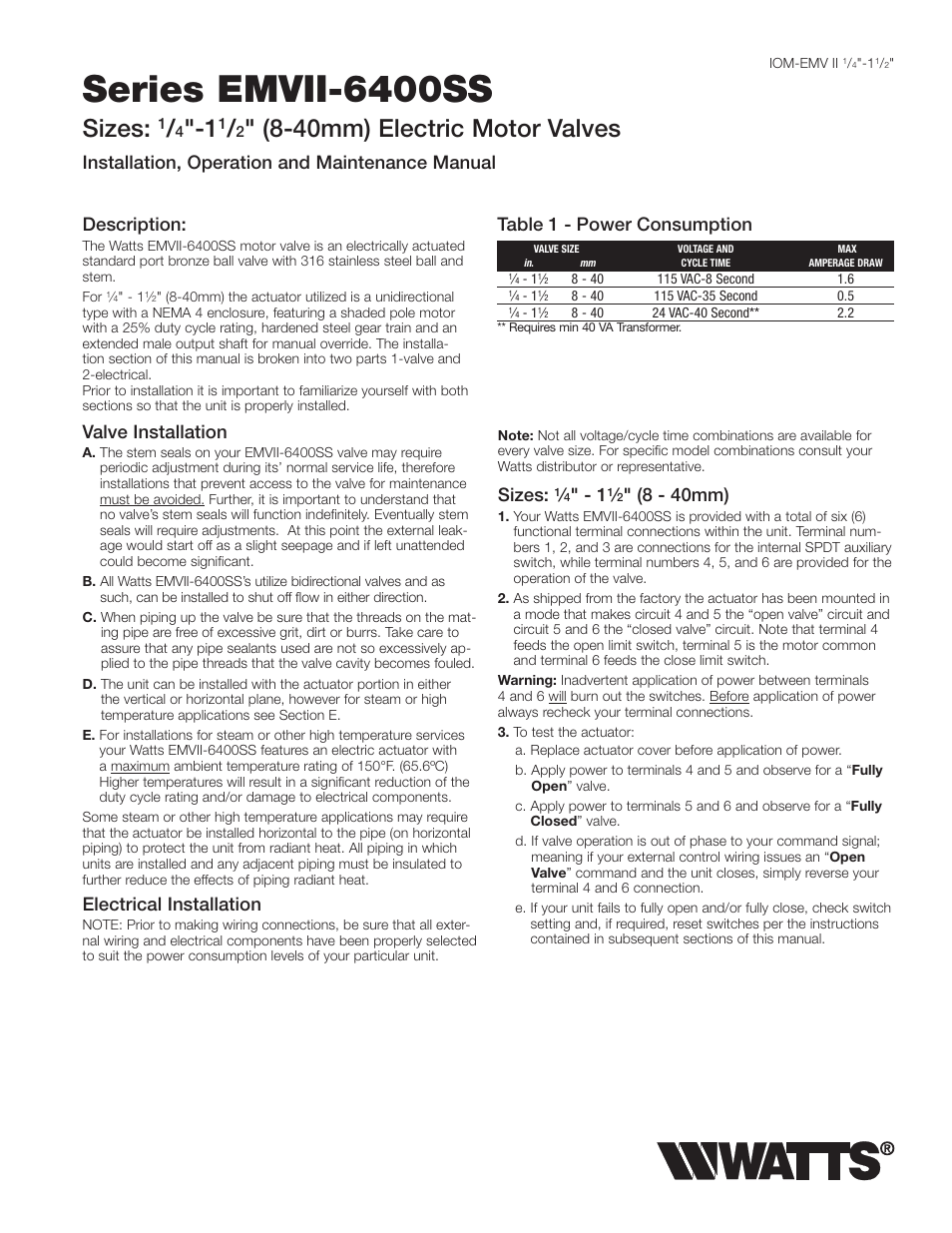 Watts EMVII-6400-SS User Manual | 4 pages