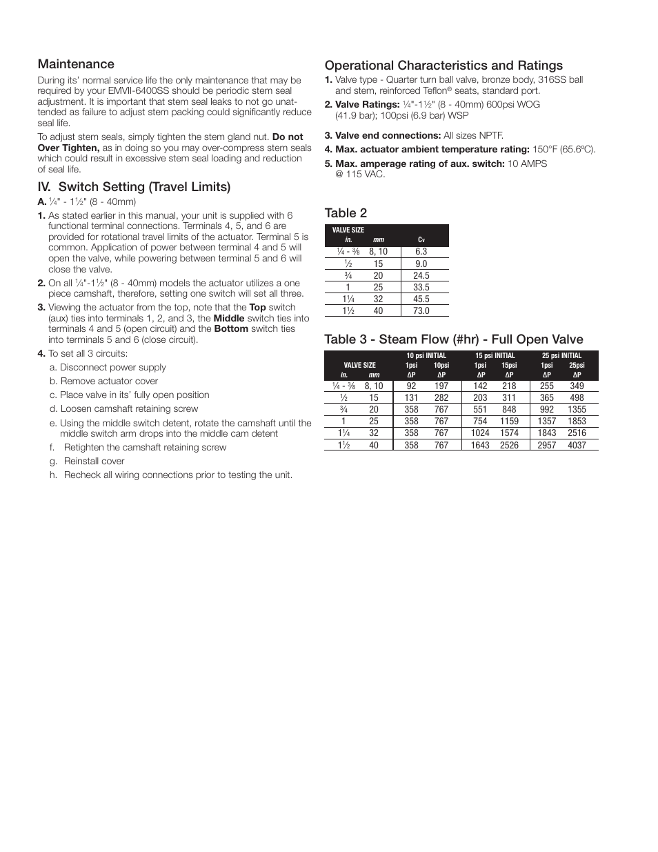 Maintenance, Iv. switch setting (travel limits), Operational characteristics and ratings | Table 3 - steam flow (#hr) - full open valve, Table 2 | Watts EMVII-6400-SS User Manual | Page 2 / 4