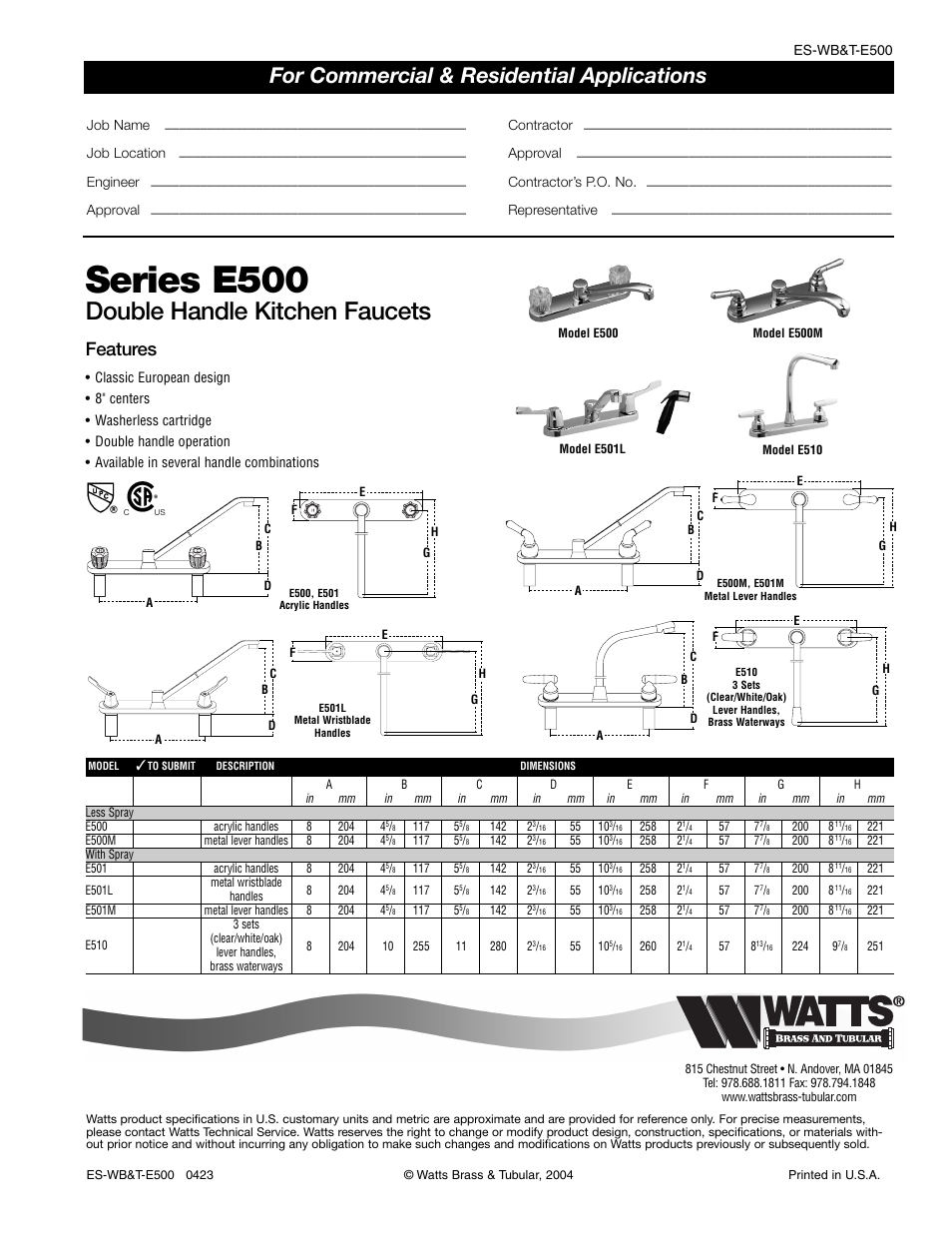 Watts E510 User Manual | 1 page