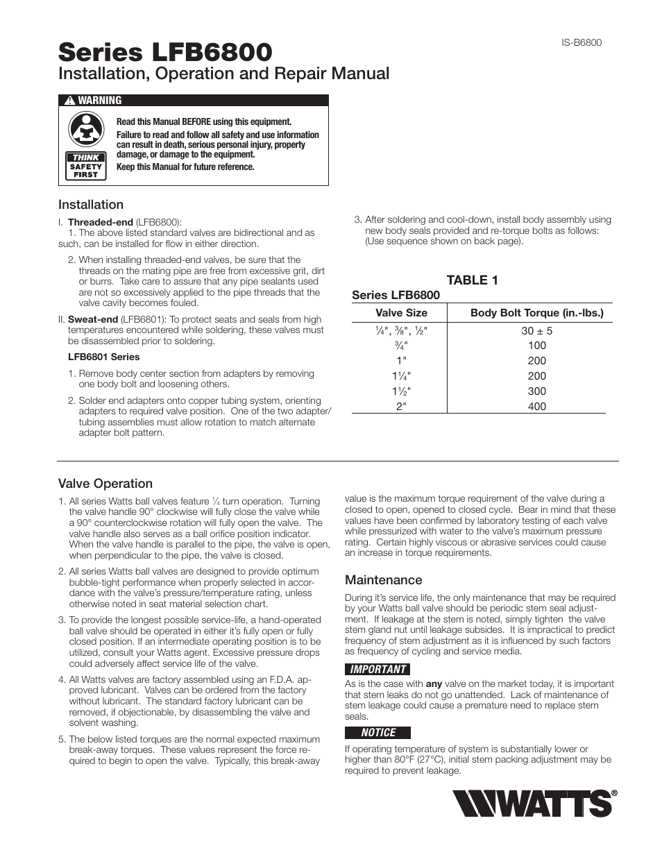 Watts LFB6801 User Manual | 2 pages