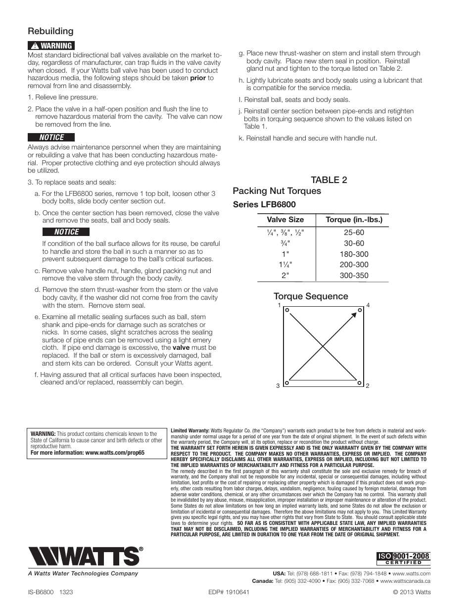 Rebuilding, Torque sequence, Packing nut torques | Table 2, Series lfb6800 | Watts LFB6801 User Manual | Page 2 / 2