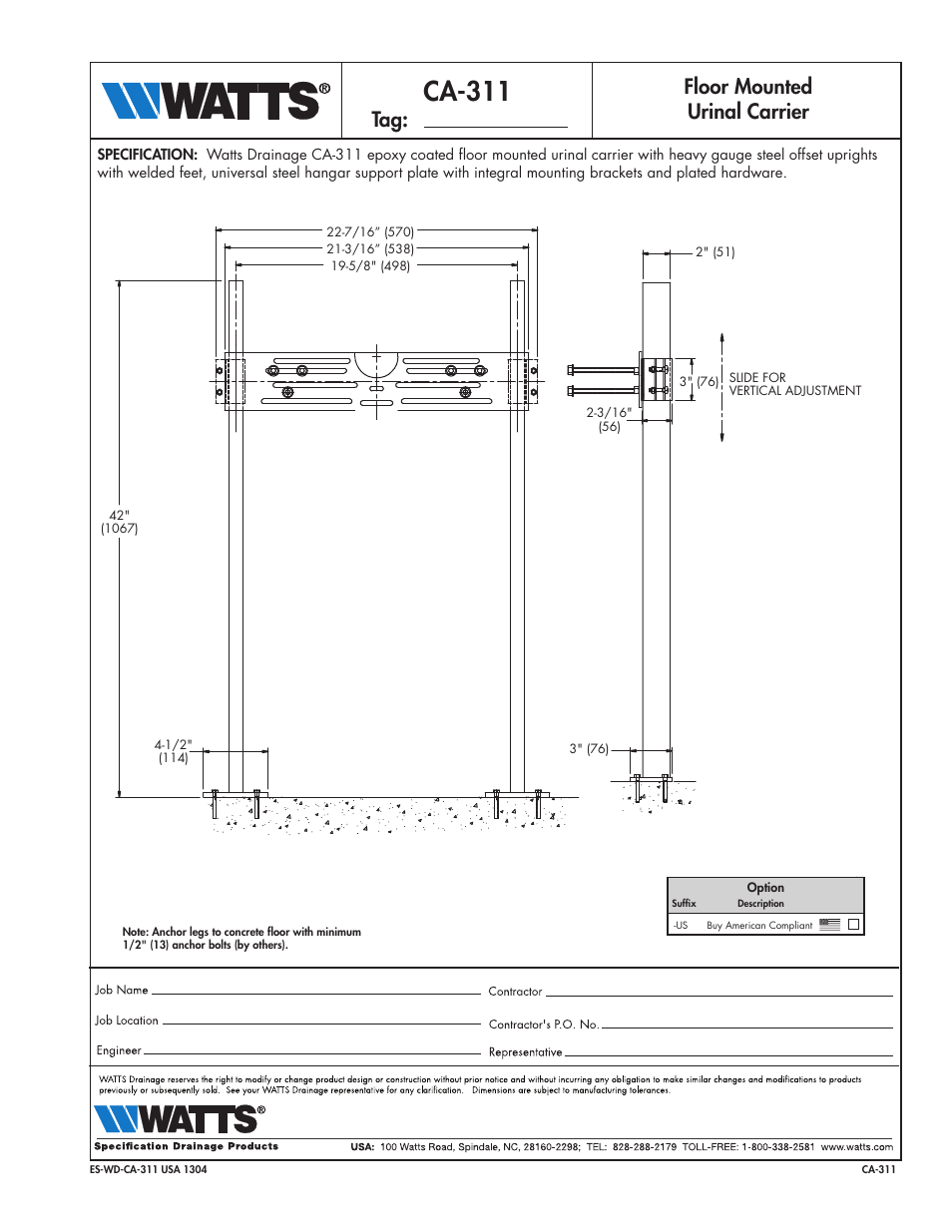 Watts CA-311 User Manual | 1 page