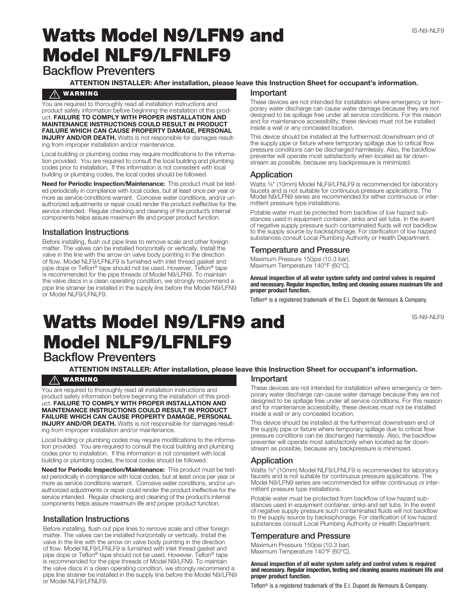 Watts NLF-9 User Manual | 2 pages