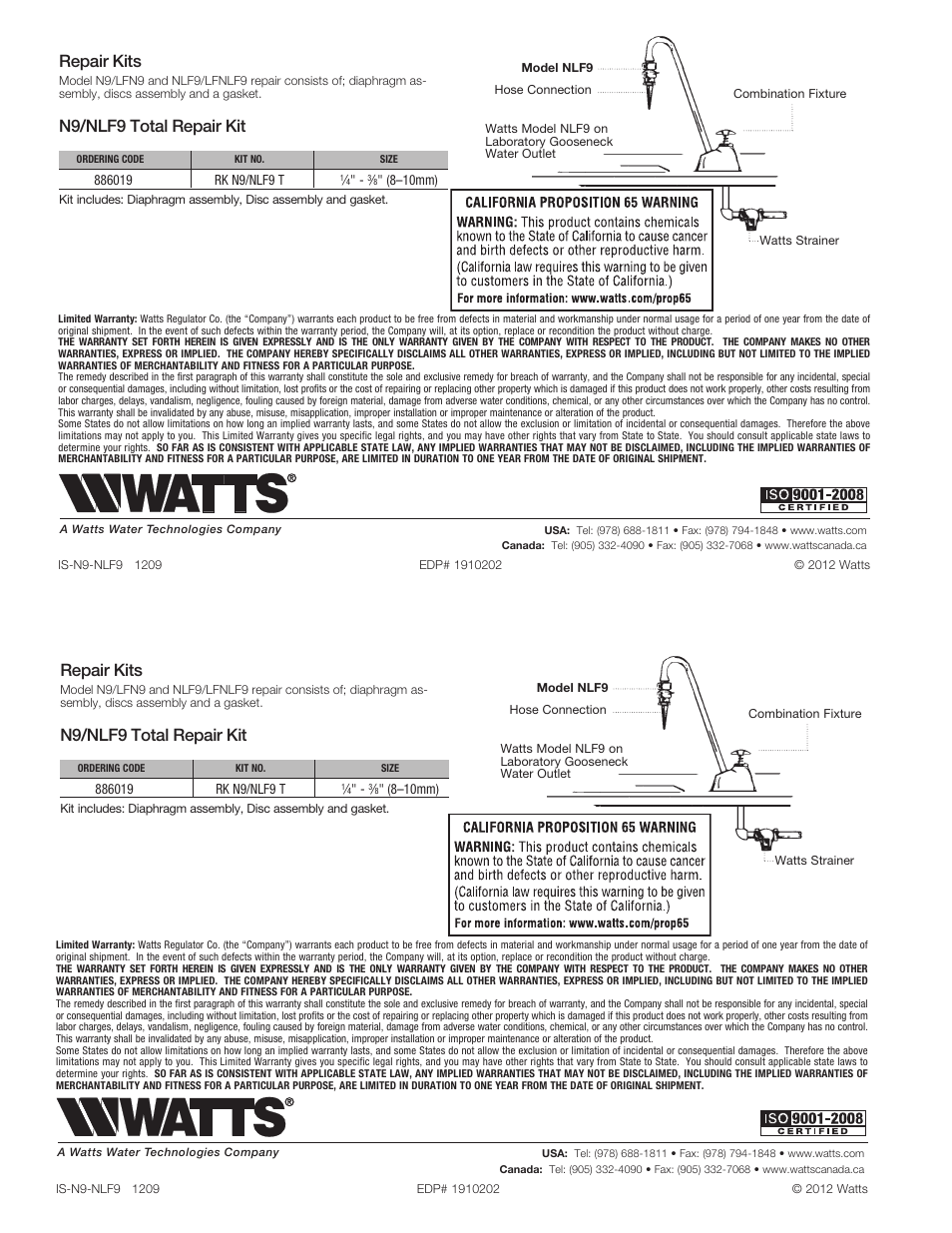 Repair kits, N9/nlf9 total repair kit | Watts NLF-9 User Manual | Page 2 / 2