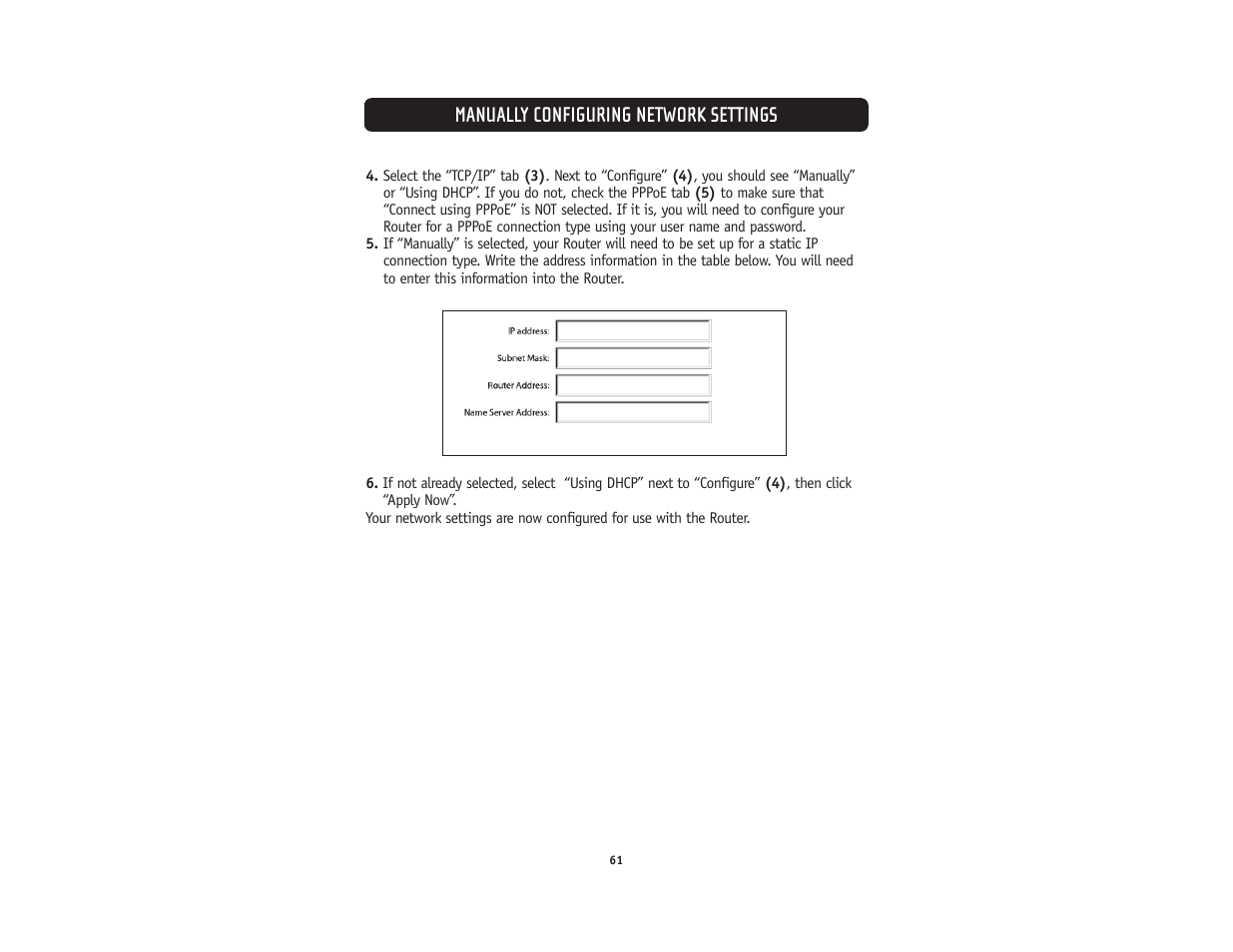 Manually configuring network settings | Belkin F5D5231-4 User Manual | Page 63 / 72