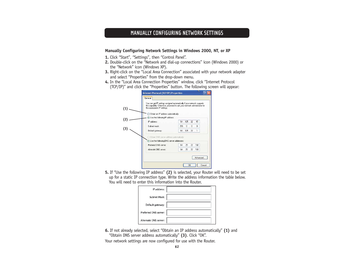 Manually configuring network settings | Belkin F5D5231-4 User Manual | Page 64 / 72