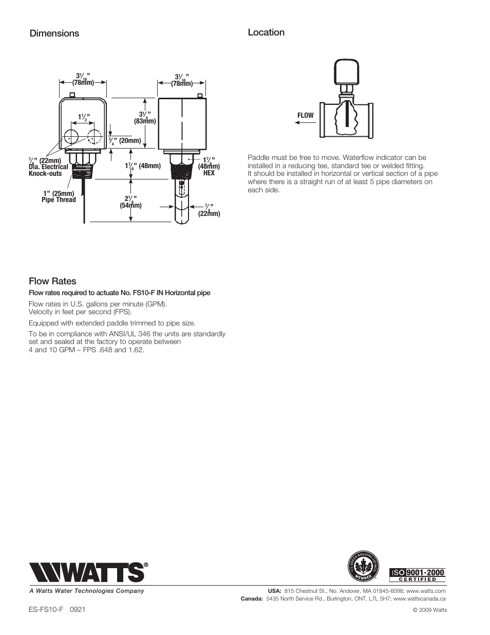 Flow rates, Dimensions location | Watts FS10-F User Manual | Page 2 / 2