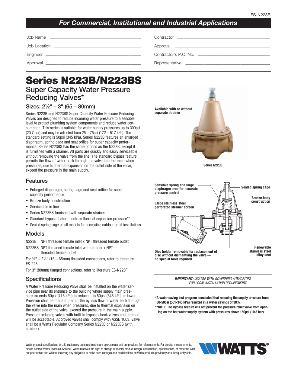 Watts N223BS User Manual | 2 pages