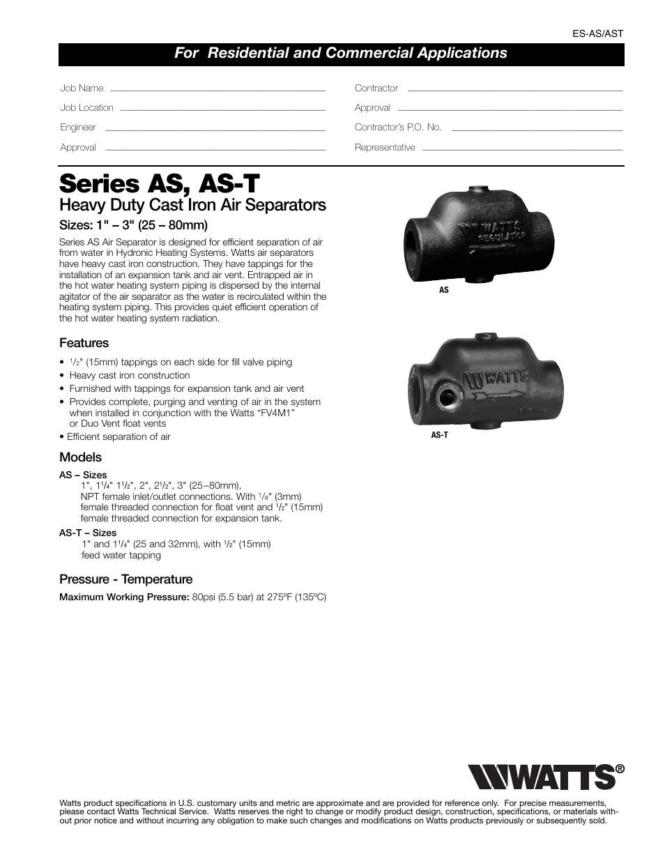 Watts AS-T User Manual | 2 pages