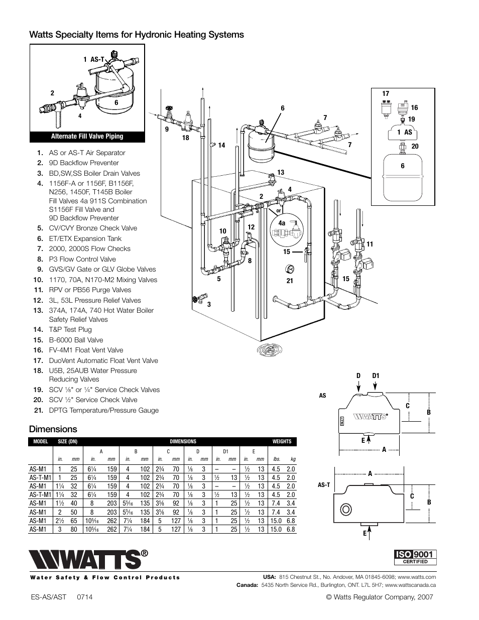 Watts specialty items for hydronic heating systems, Dimensions | Watts AS-T User Manual | Page 2 / 2