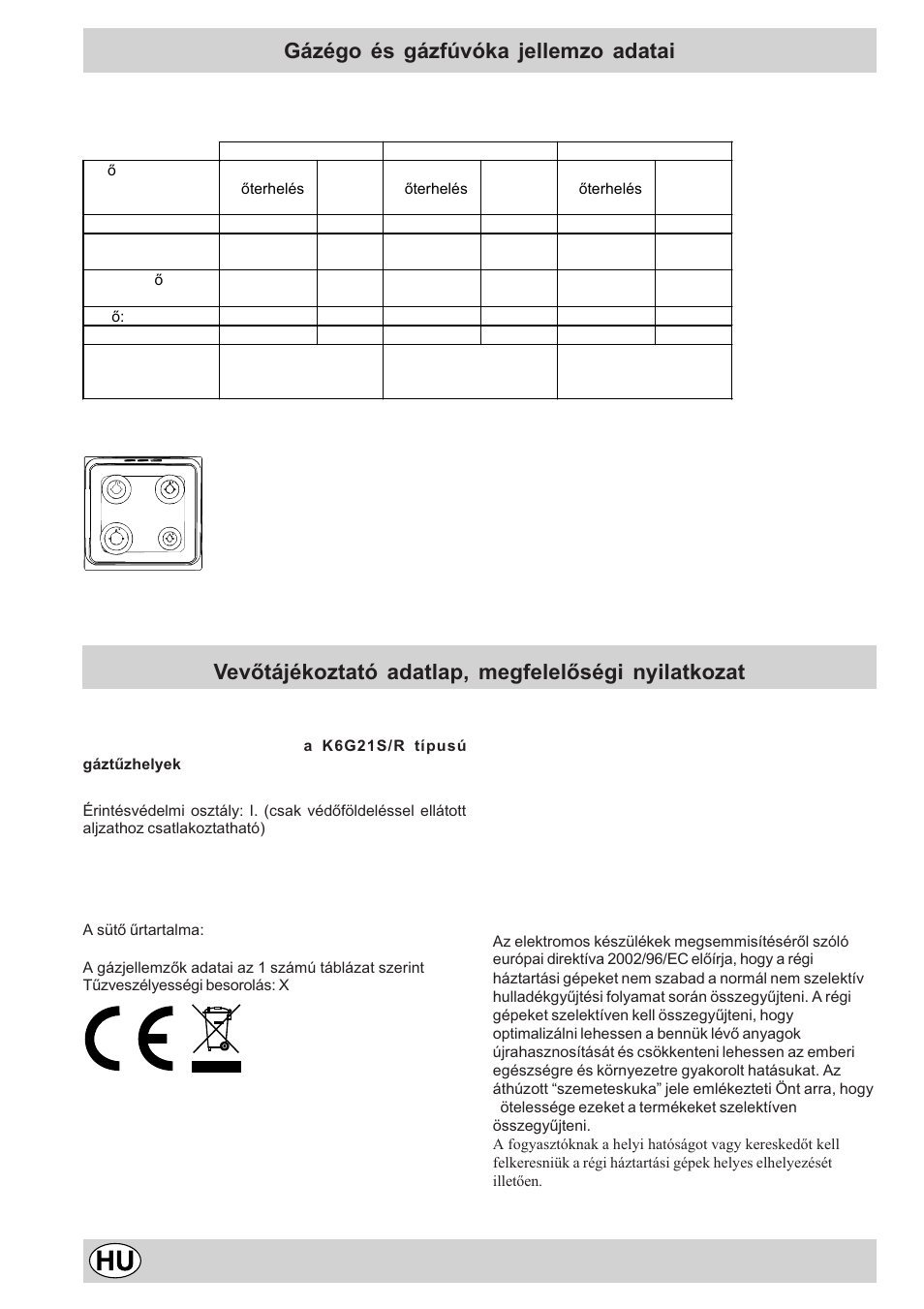 Gázégo és gázfúvóka jellemzo adatai, Vevõtájékoztató adatlap, megfelelõségi nyilatkozat | Indesit K6G21S/R User Manual | Page 40 / 68