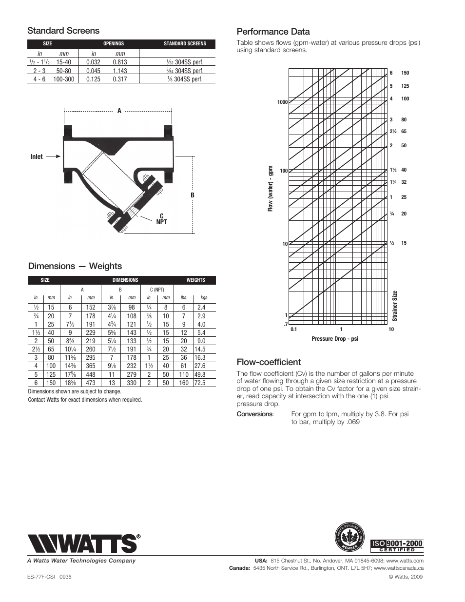 Flow-coefficient, Standard screens, Dimensions — weights | Performance data | Watts 77F-CSI User Manual | Page 2 / 2