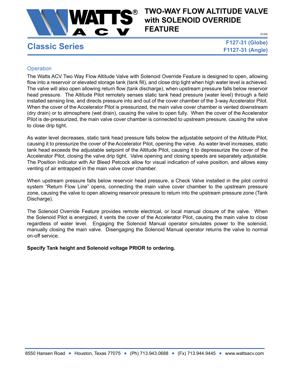 Watts F1127-31 User Manual | 2 pages