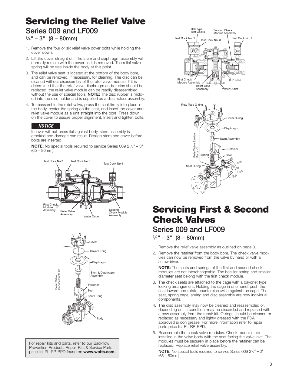 Servicing the relief valve, Servicing first & second check valves, 3" (8 – 80mm) | Notice | Watts LFU009 User Manual | Page 3 / 4