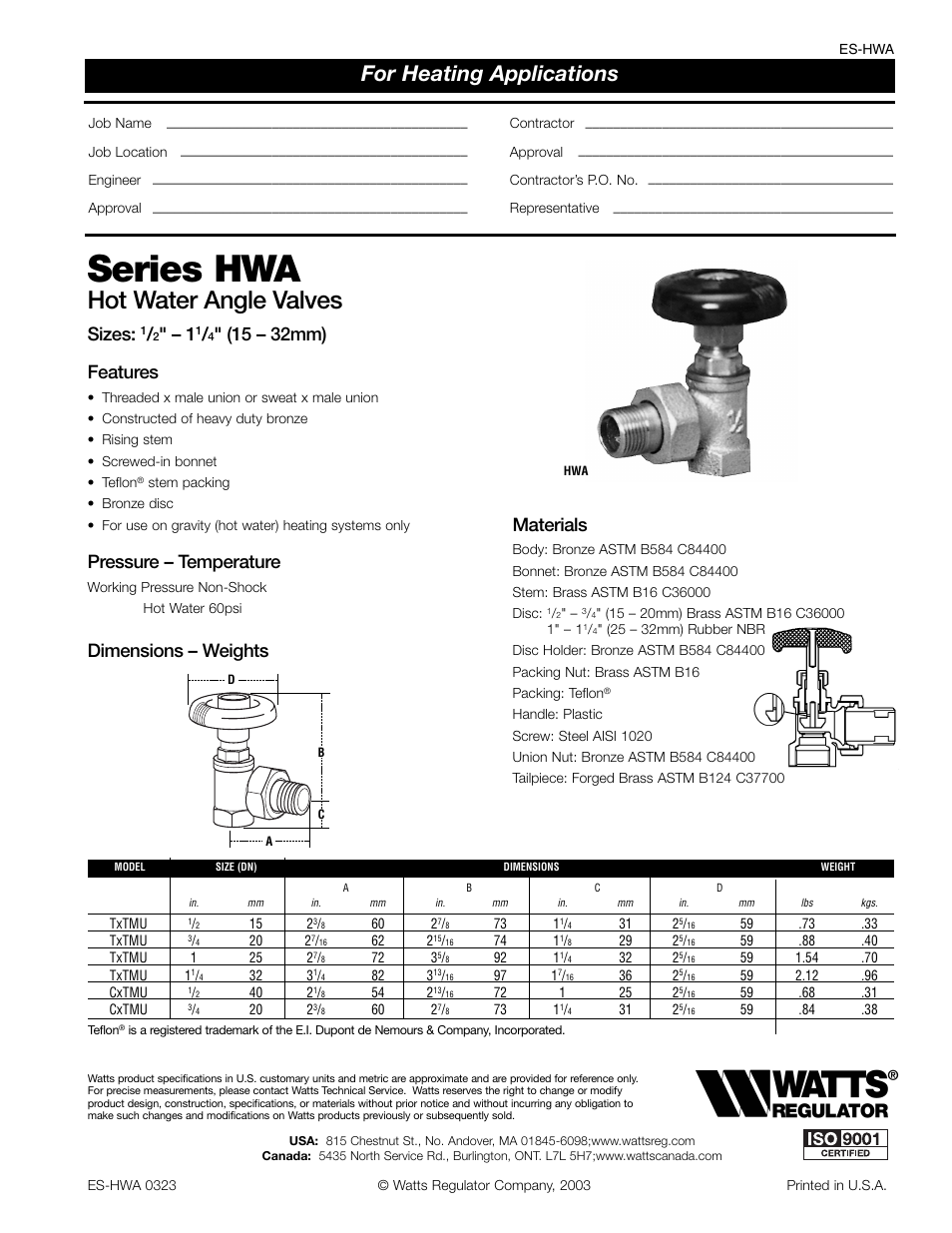 Watts HWA User Manual | 1 page