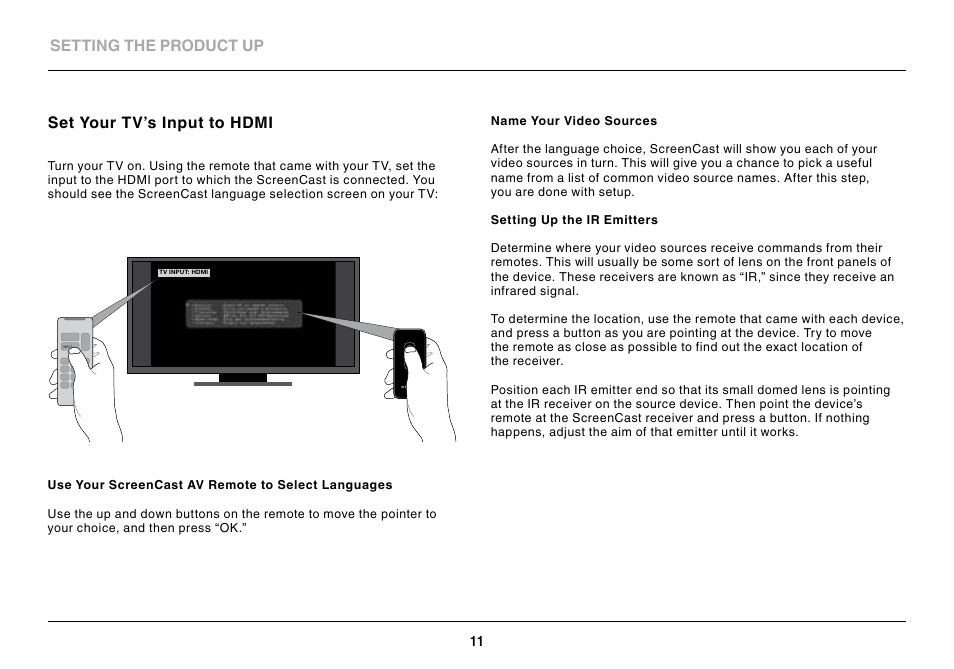 Setting the product up, Set your tv’s input to hdmi | Belkin ScreenCast AV4 User Manual | Page 13 / 30