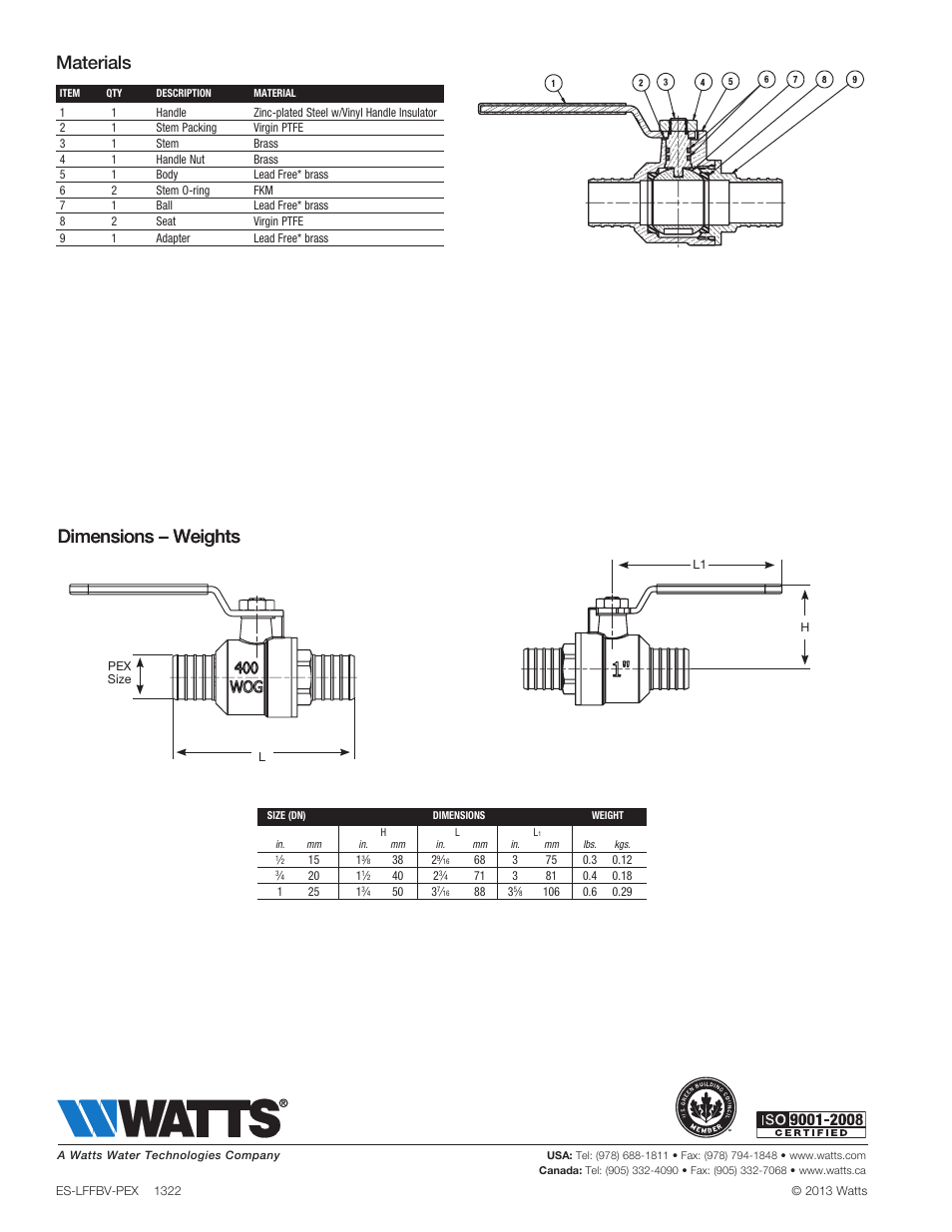 Dimensions – weights, Materials | Watts LFFBV-PEX User Manual | Page 2 / 2