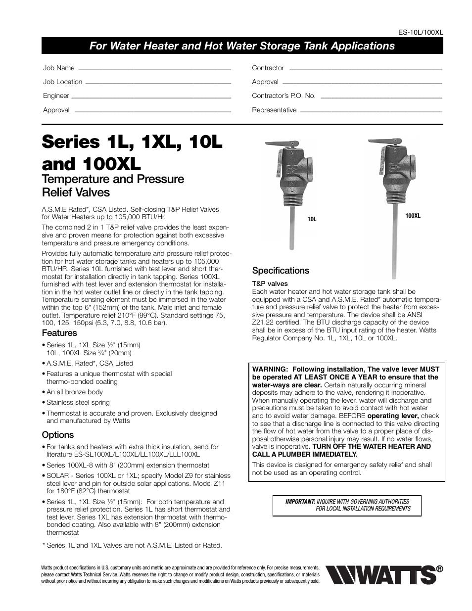 Watts 100XL User Manual | 2 pages