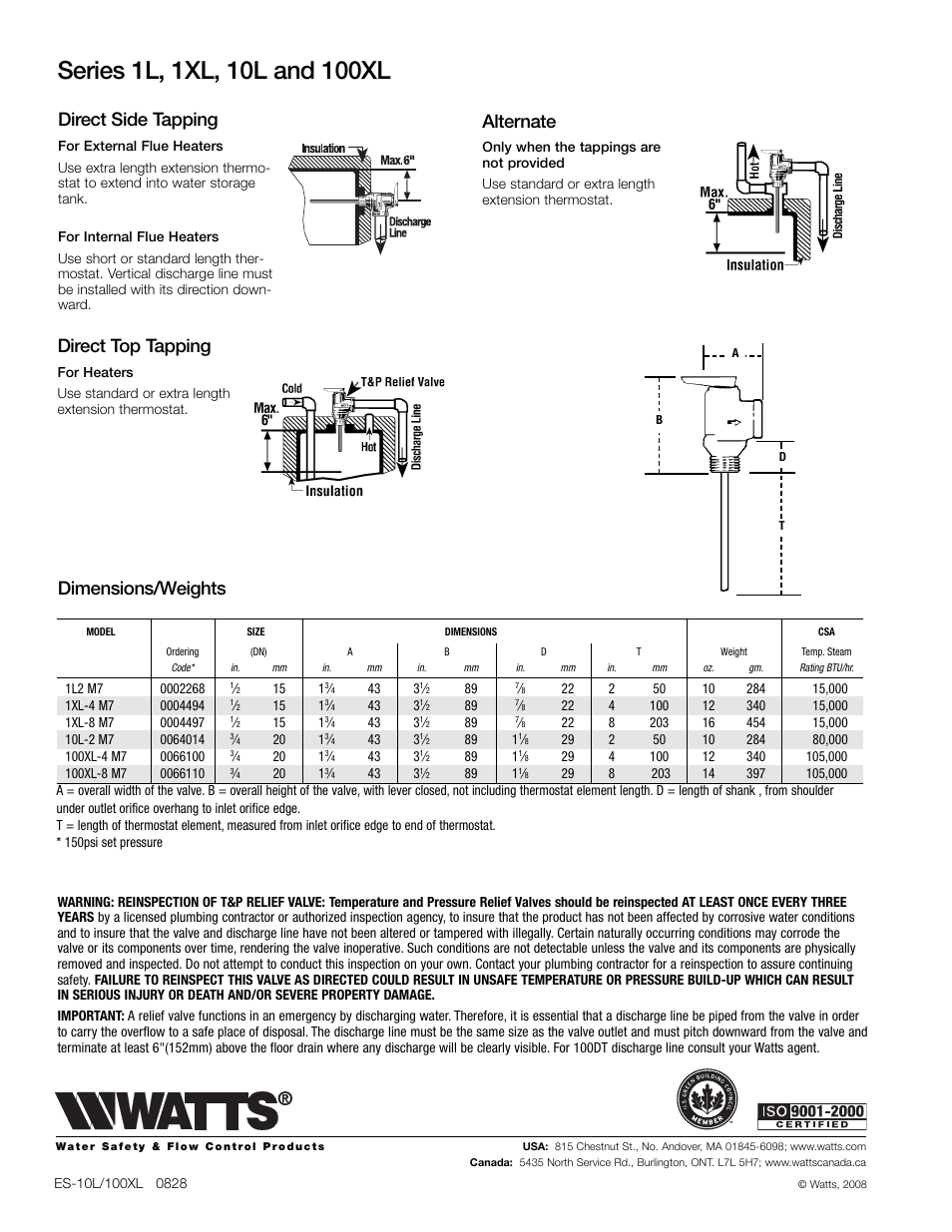 Dimensions/weights, Direct side tapping, Direct top tapping | Alternate | Watts 100XL User Manual | Page 2 / 2