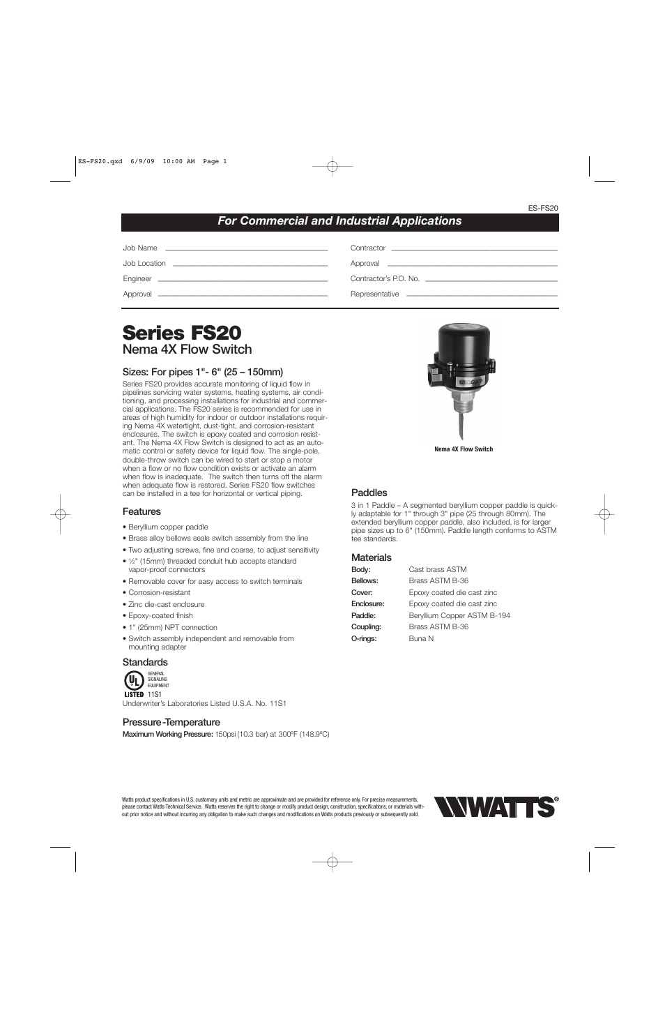 Watts FS20 User Manual | 2 pages