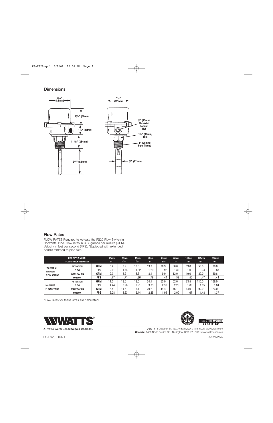 Dimensions, Flow rates | Watts FS20 User Manual | Page 2 / 2