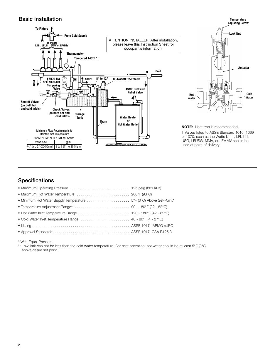 Specifications, Basic installation | Watts LFN170 CSUT User Manual | Page 2 / 12